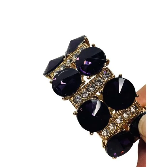 Gold Tone Clear Rhinestone And Purple Rivoli Stretch Bracelet (6243) - Picture 7 of 7